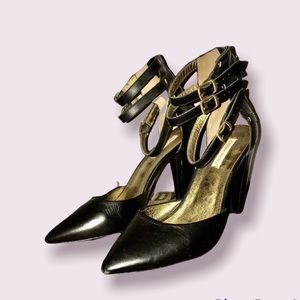 Cynthia Vincent Black Leather Zip heels- Size 9.5